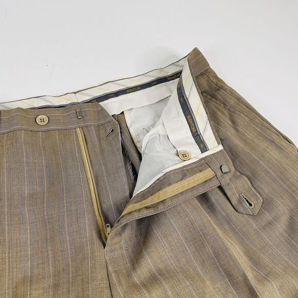 Mantoni 46L Suit 36x31 Pleated Beige Striped 100% Wool Four Button Lined - Picture 11 of 12